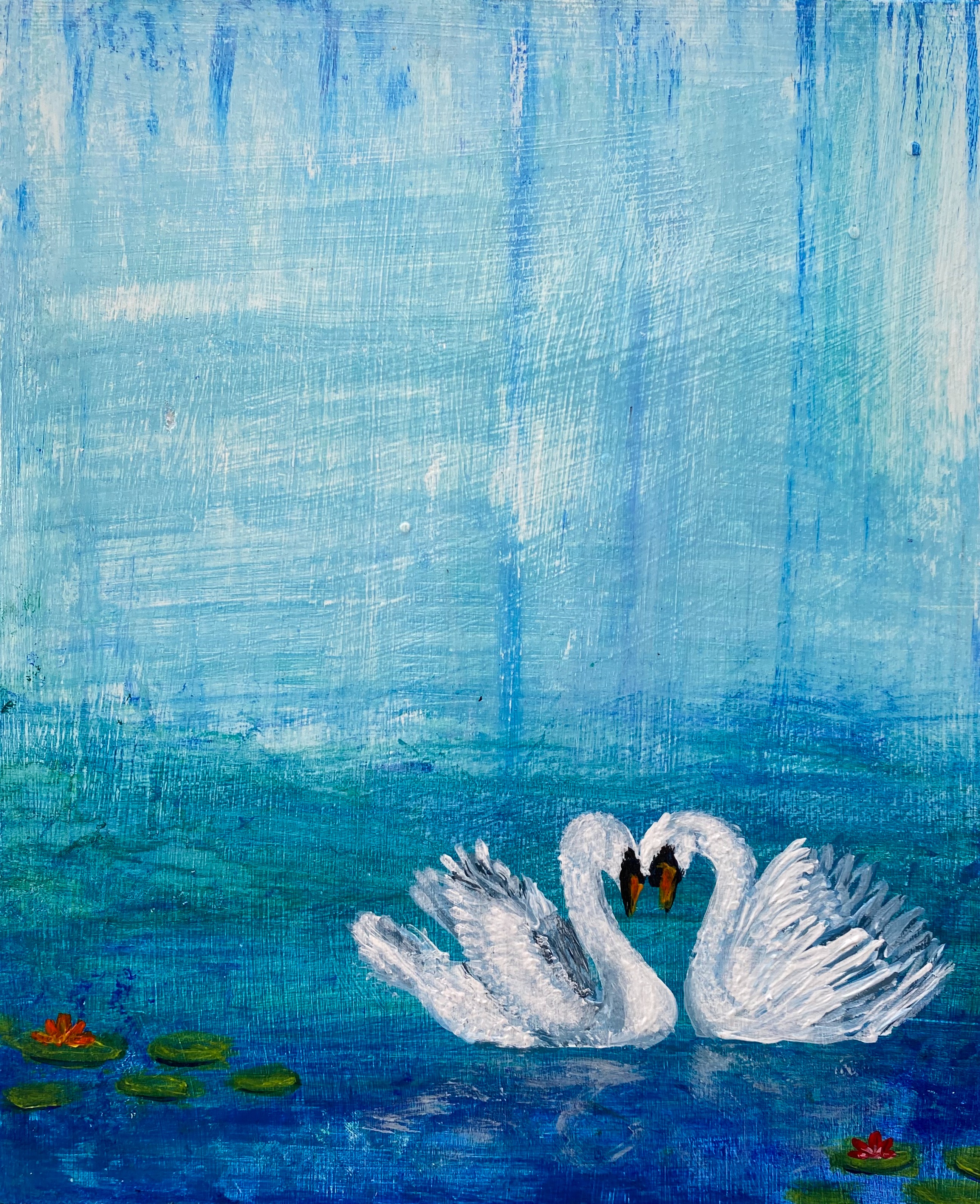 Swans in Lilly Pond #1 by Rachel Rehm